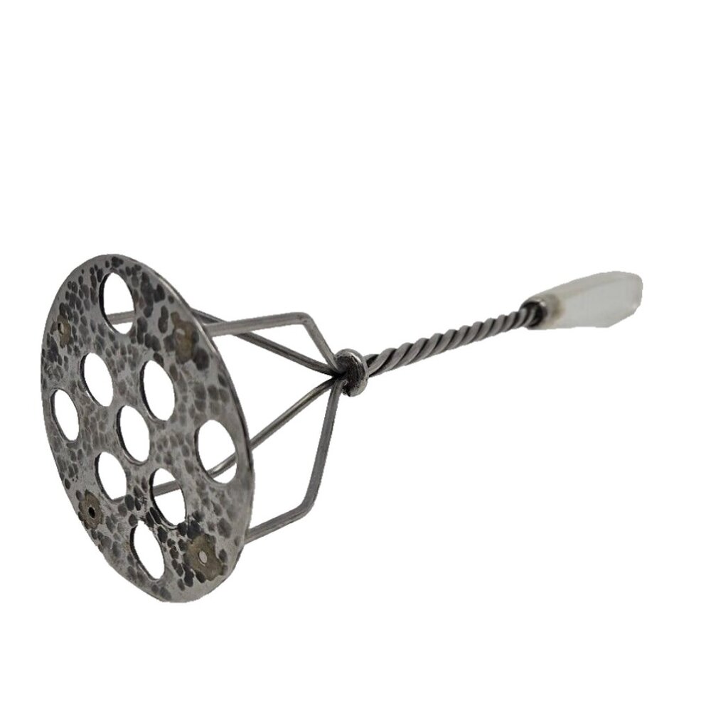 Vintage Hand Hammered Pewter Lucite Potato Masher Kitchen Utensil Artisan Craft
